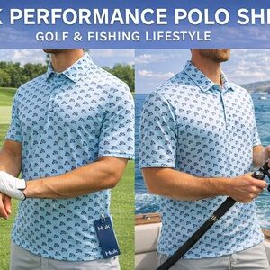 Huk Men’s Light Blue Polo with Navy Fish Print